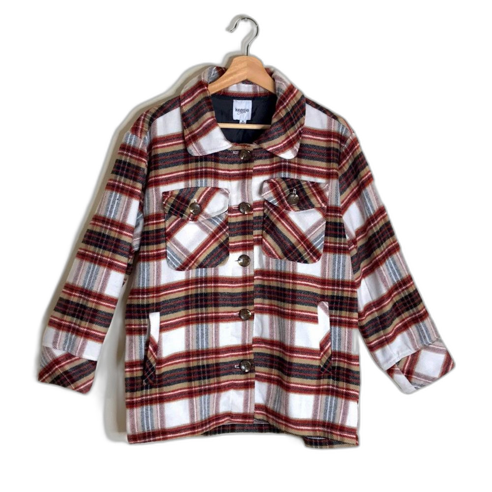 Kenzie ladies button up long sleeve plaid flannel coat jacket size small